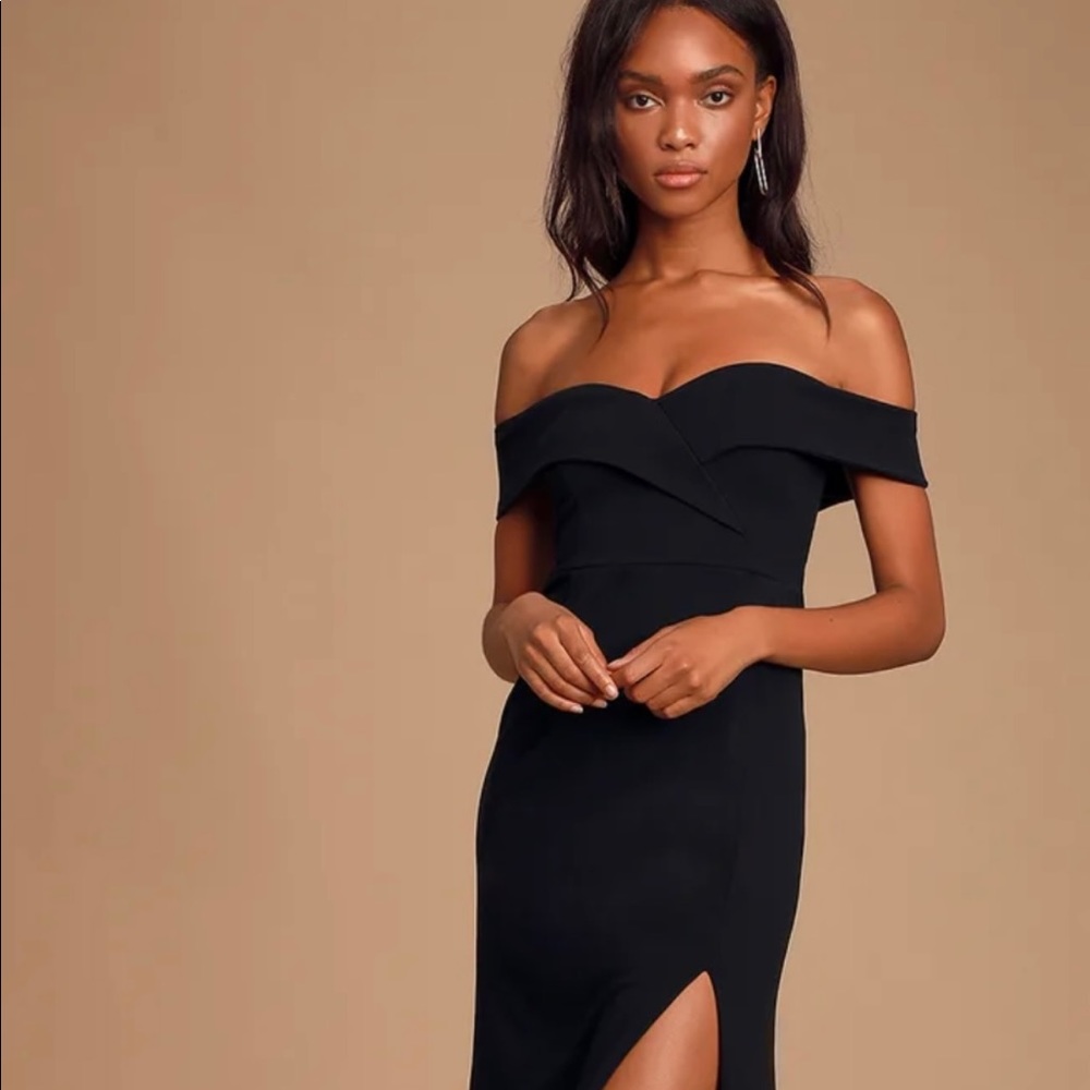 Black Lulus dress - “Song of Love Black Off-the-Shoulder Maxi Dress”
